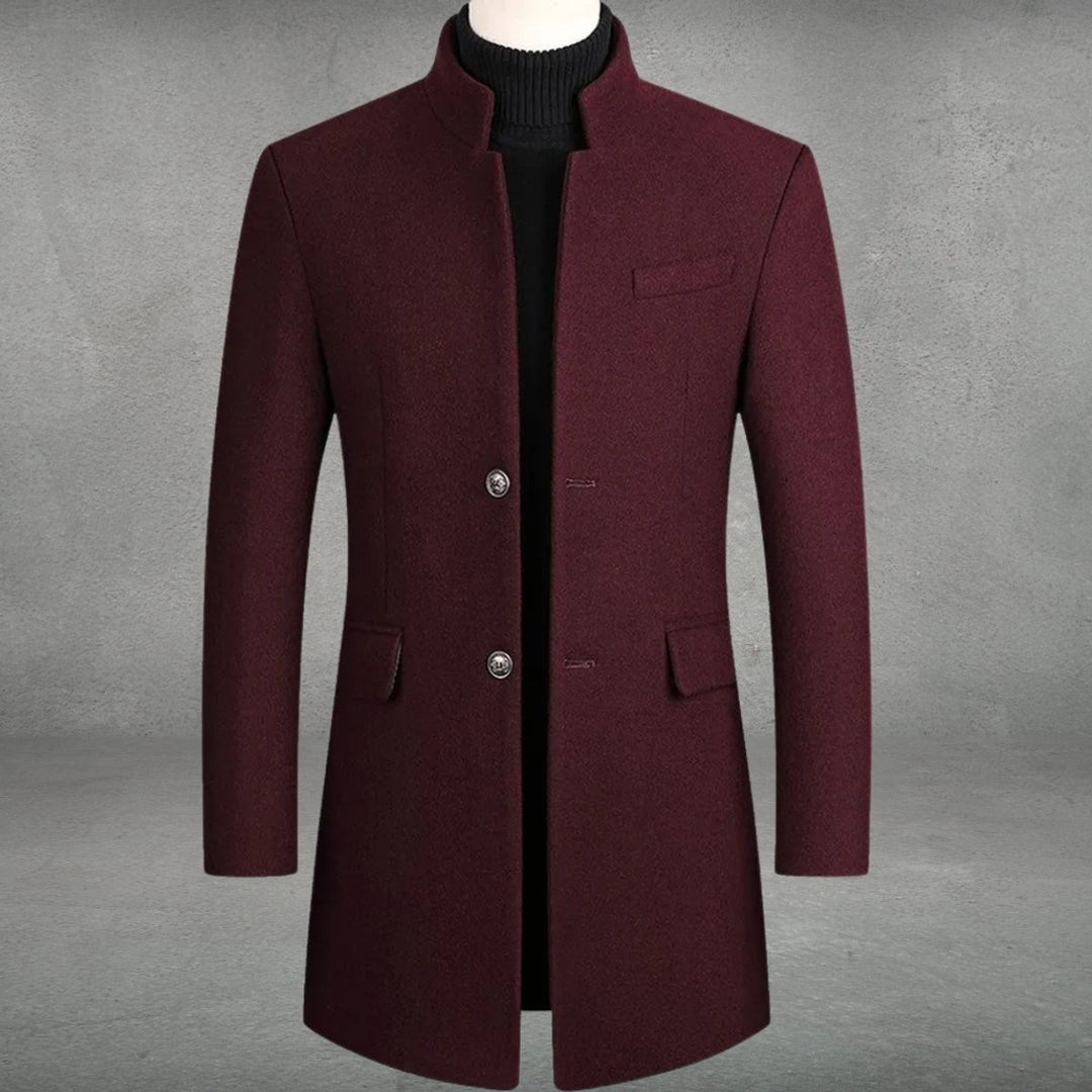 Men's Slim-Fit Stand-Collar Wool Coat Single-Breasted Overcoat - Wine Red