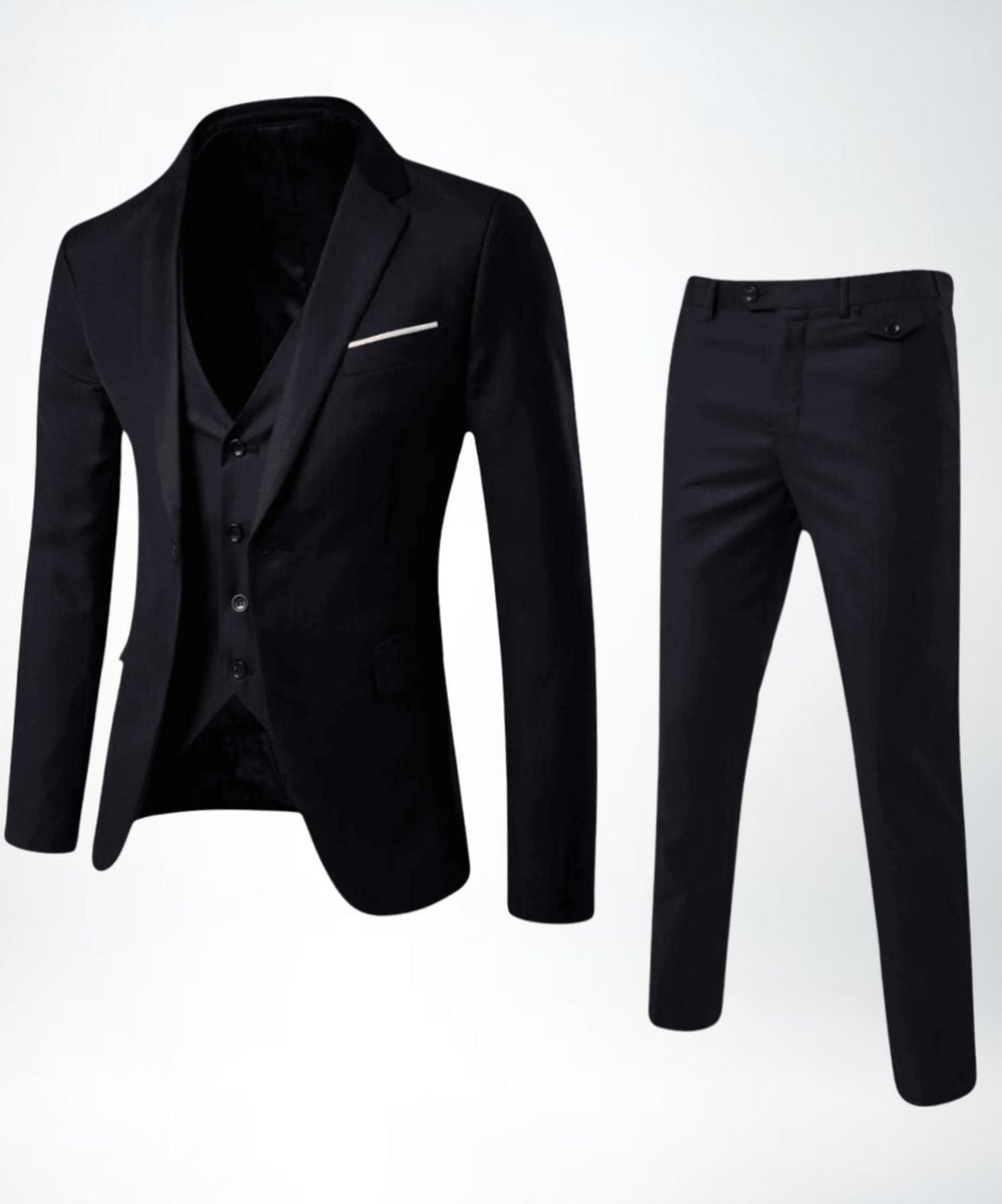 Men's Slim-Fit Three-Piece Formal Suit Set Blazer Vest Pants - Black