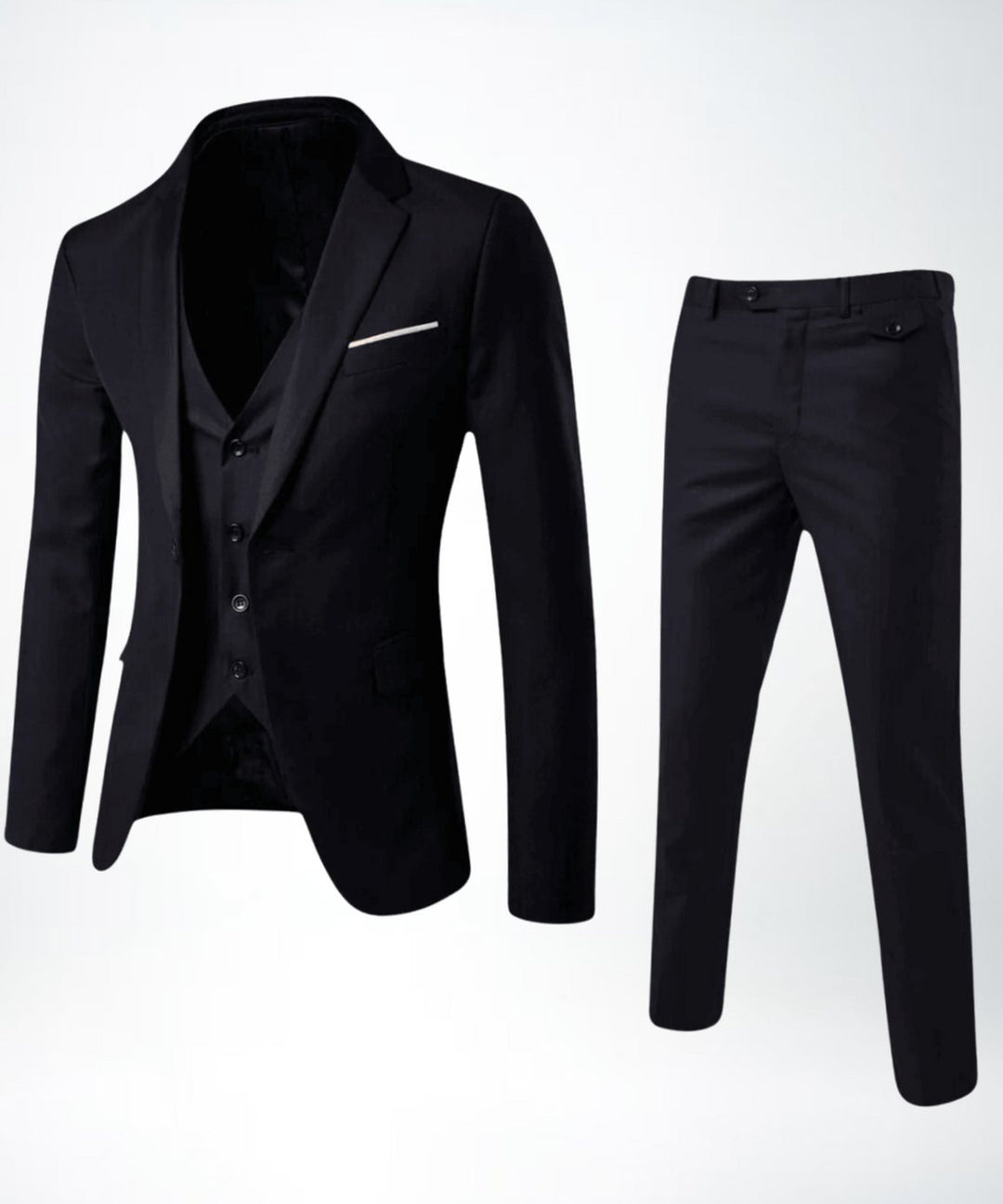 Men's Slim-Fit Three-Piece Formal Suit Set Blazer Vest Pants - Black