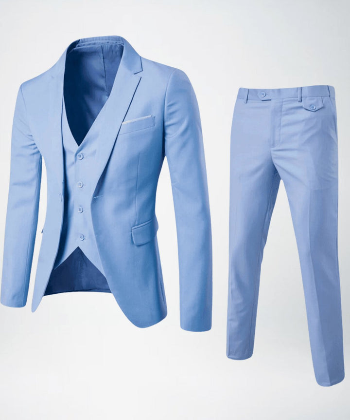 Men's Slim-Fit Three-Piece Formal Suit Set Blazer Vest Pants - Light Blue