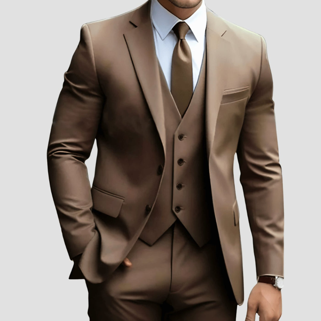 Men's Slim-Fit Three-Piece Formal Suit Set Notch Lapel - Brown