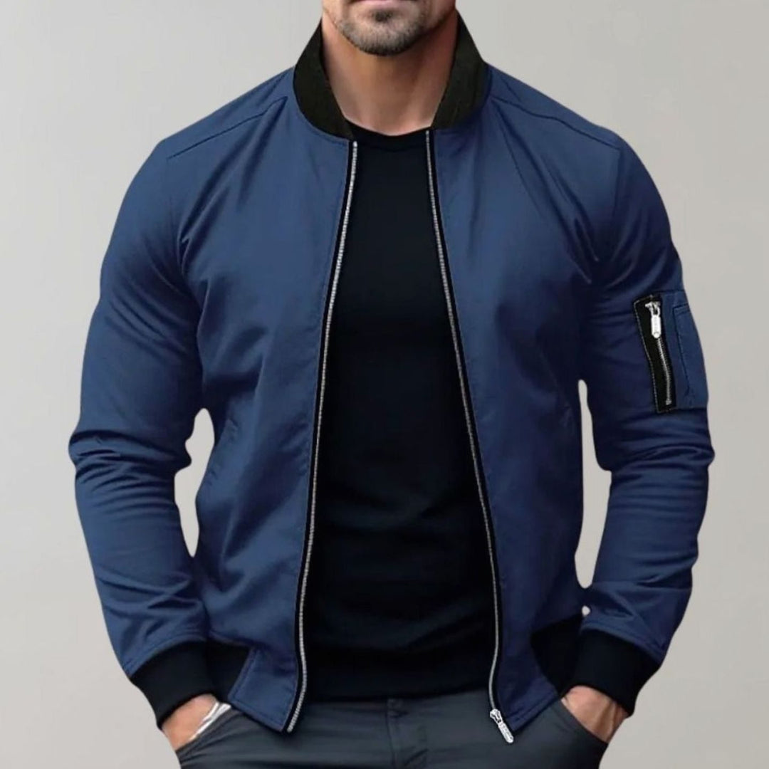 Men's Slim Fit Zip-Up Bomber Jacket Ribbed Collar - Blue