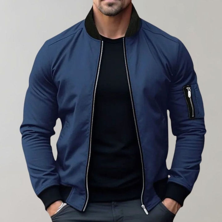 Men's Slim Fit Zip-Up Bomber Jacket Ribbed Collar - Blue