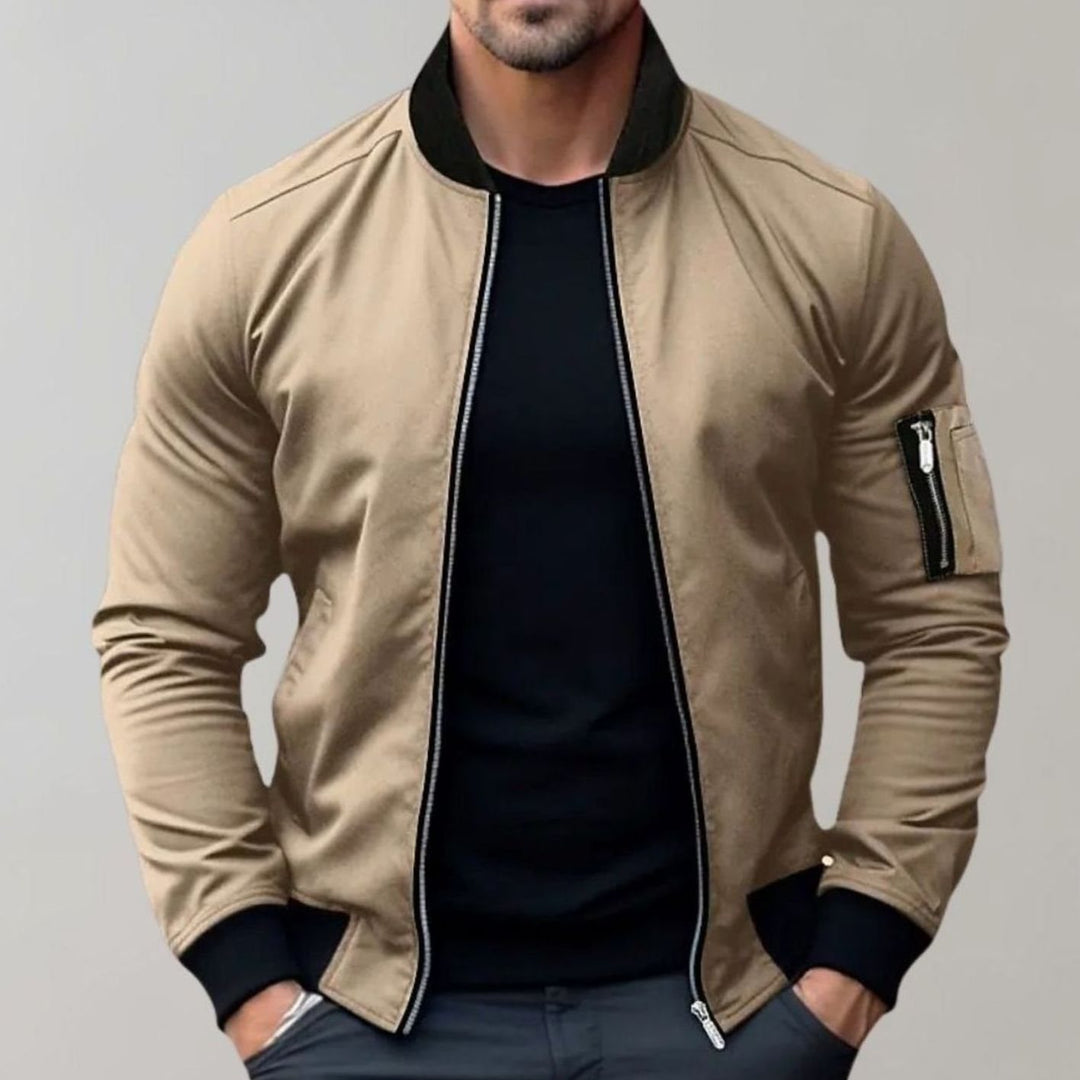 Men's Slim Fit Zip-Up Bomber Jacket Ribbed Collar - Khaki