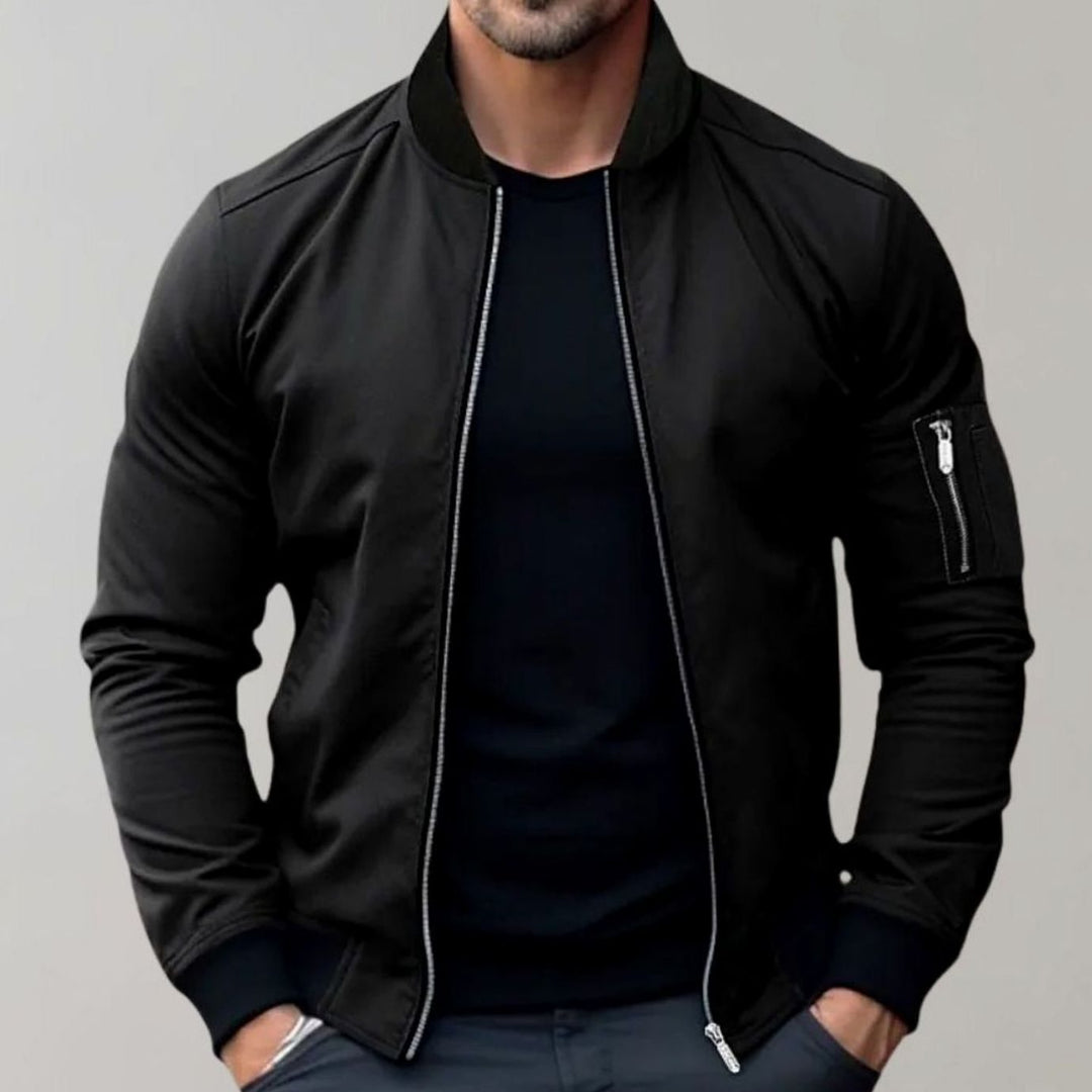 Men's Slim Fit Zip-Up Bomber Jacket Ribbed Collar - Black