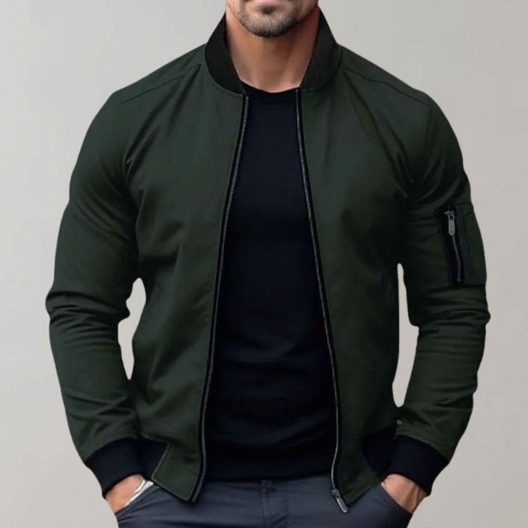 Men's Slim Fit Zip-Up Bomber Jacket Ribbed Collar - Green