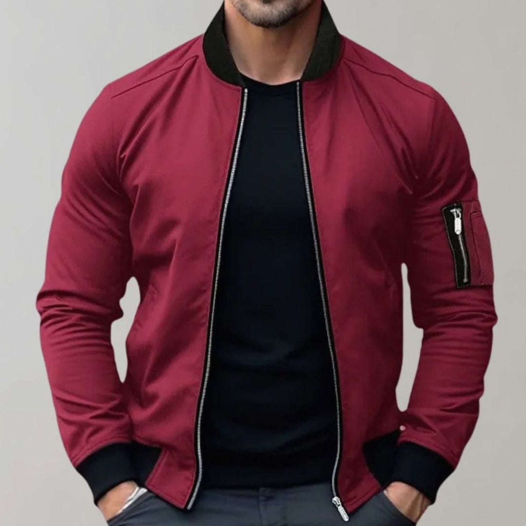 Men's Slim Fit Zip-Up Bomber Jacket Ribbed Collar - Burgundy