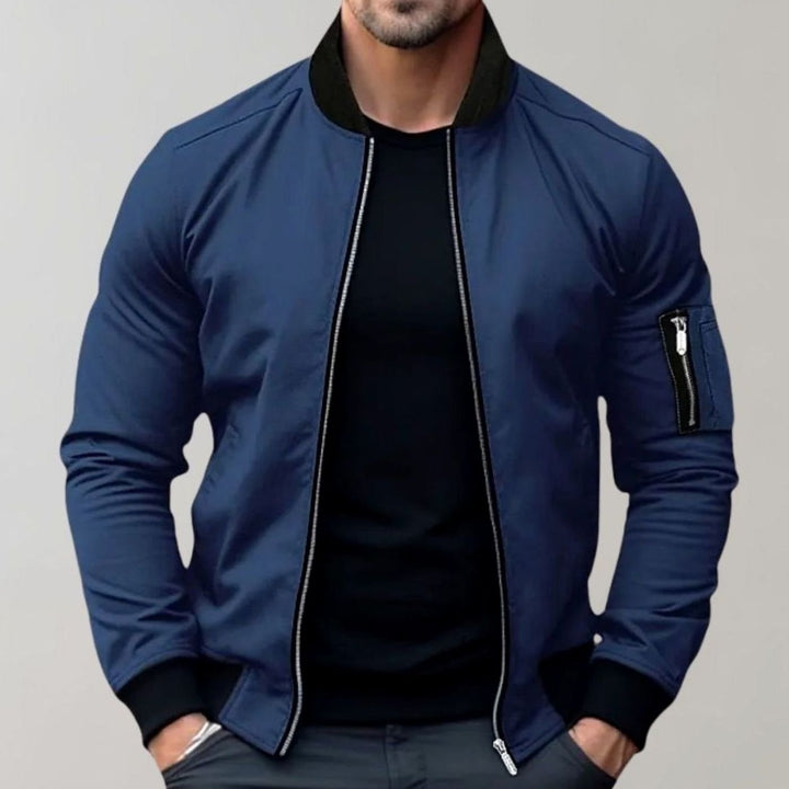Men's Slim Fit Zip-Up Bomber Jacket Sleeve Pocket - Blue