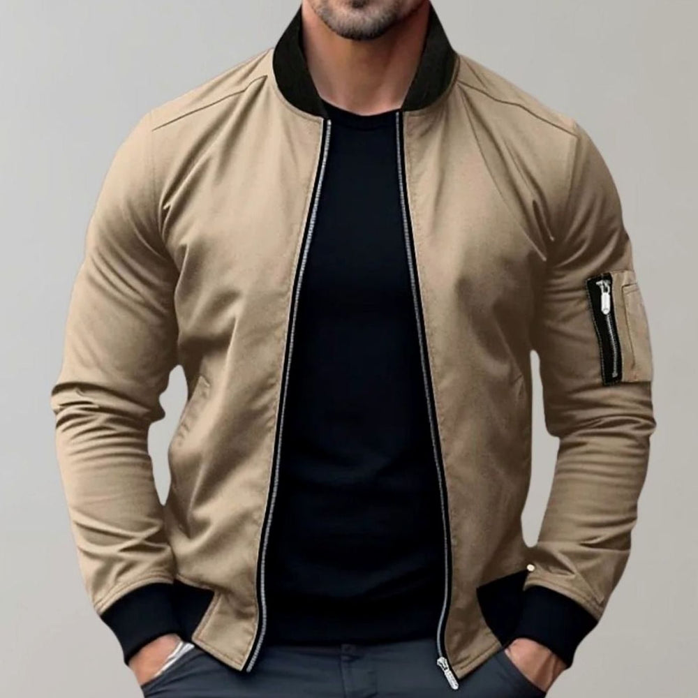 Men's Slim Fit Zip-Up Bomber Jacket Sleeve Pocket - Khaki