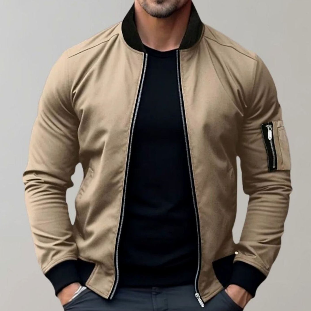 Men's Slim Fit Zip-Up Bomber Jacket Sleeve Pocket - Khaki