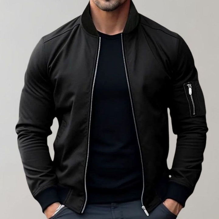Men's Slim Fit Zip-Up Bomber Jacket Sleeve Pocket - Black