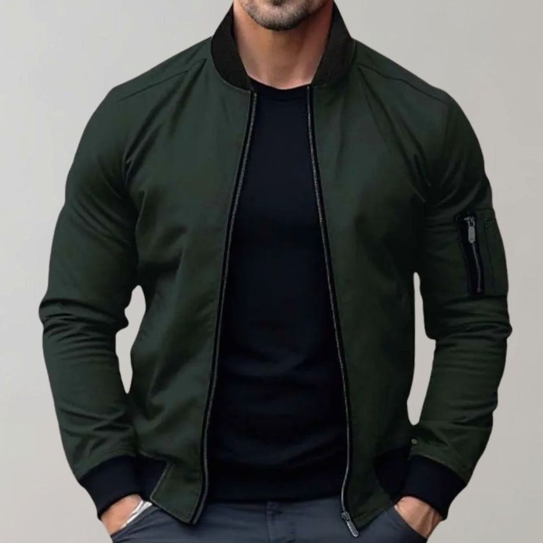 Men's Slim Fit Zip-Up Bomber Jacket Sleeve Pocket - Green