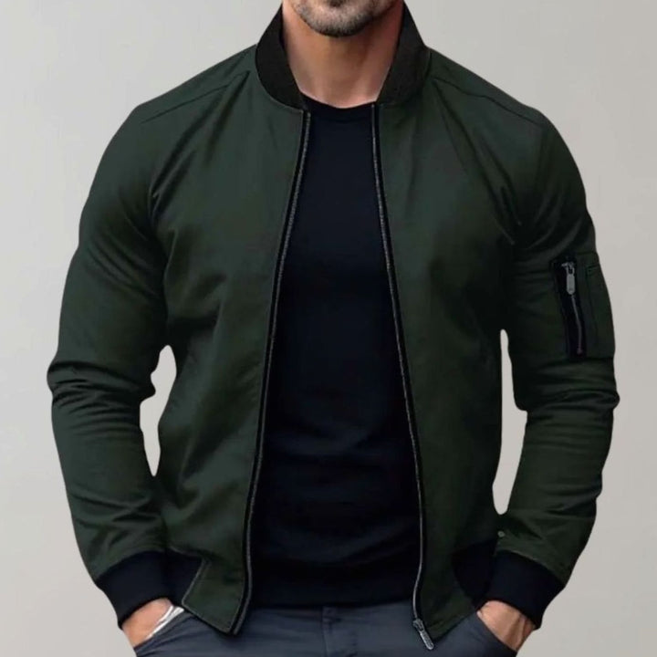 Men's Slim Fit Zip-Up Bomber Jacket Sleeve Pocket - Green