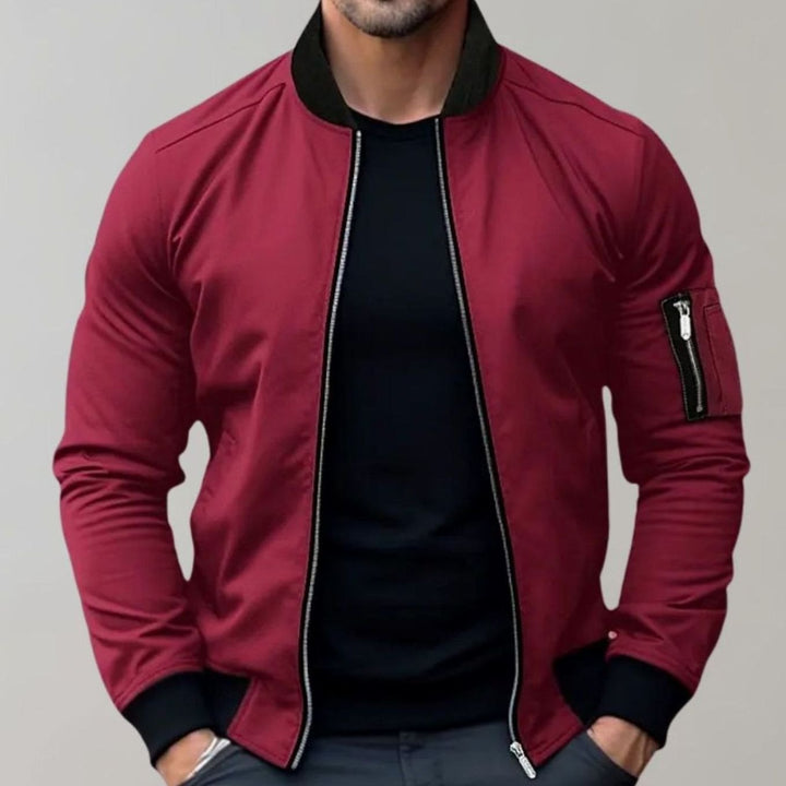 Men's Slim Fit Zip-Up Bomber Jacket Sleeve Pocket - Burgundy