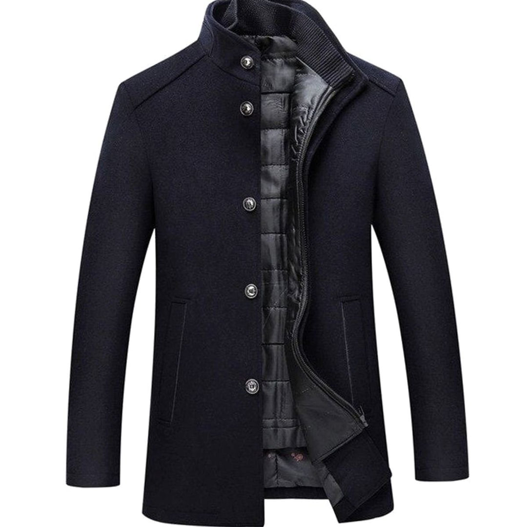 Men's Stand Collar Button-Up Insulated Winter Jacket - Navy Blue