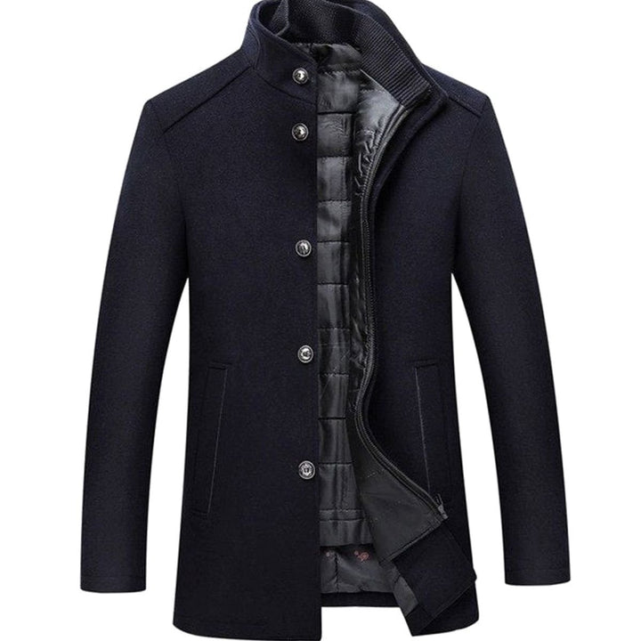 Men's Stand Collar Button-Up Insulated Winter Jacket - Navy Blue