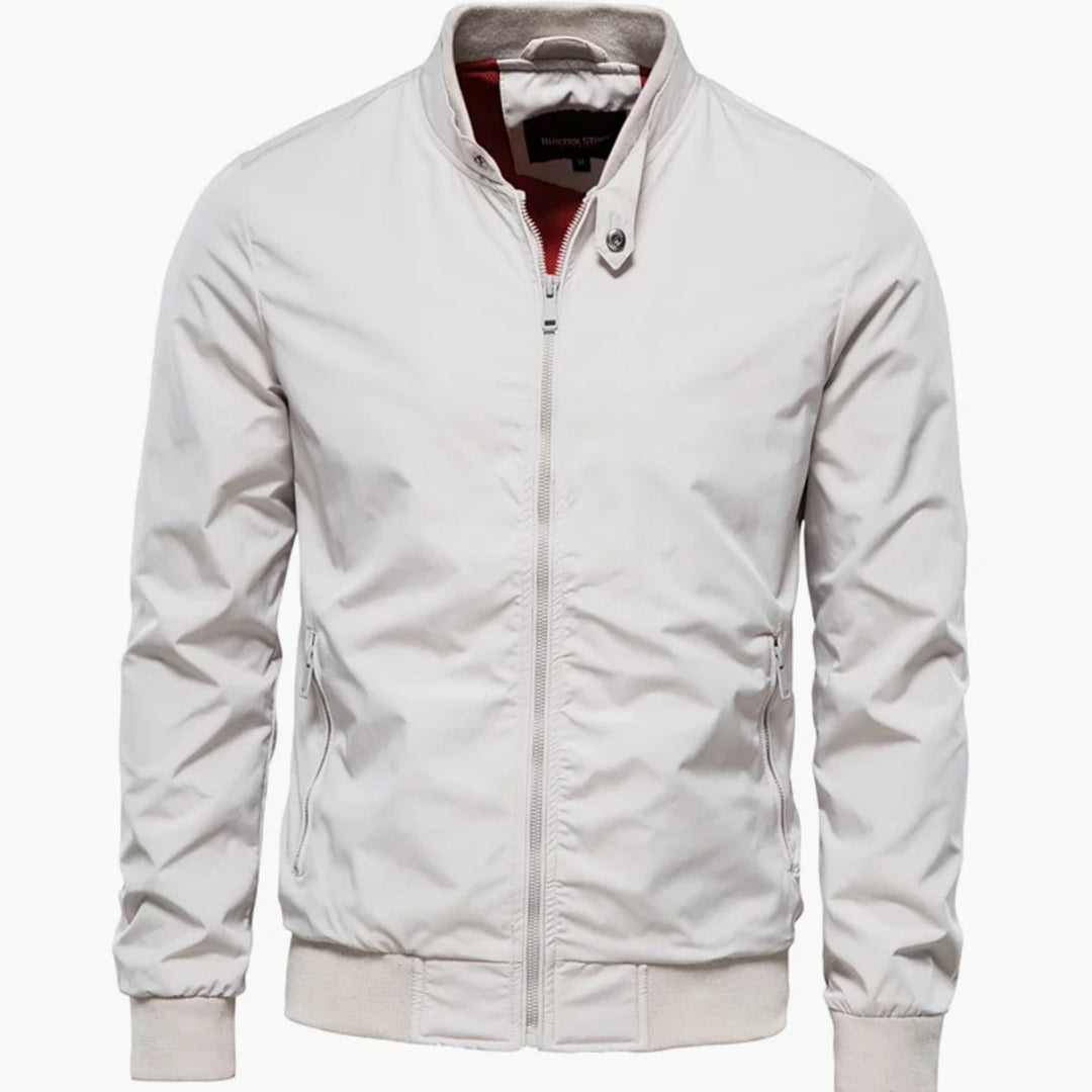 Men's Streetwear Full-Zip Bomber Jacket Stand Collar - White