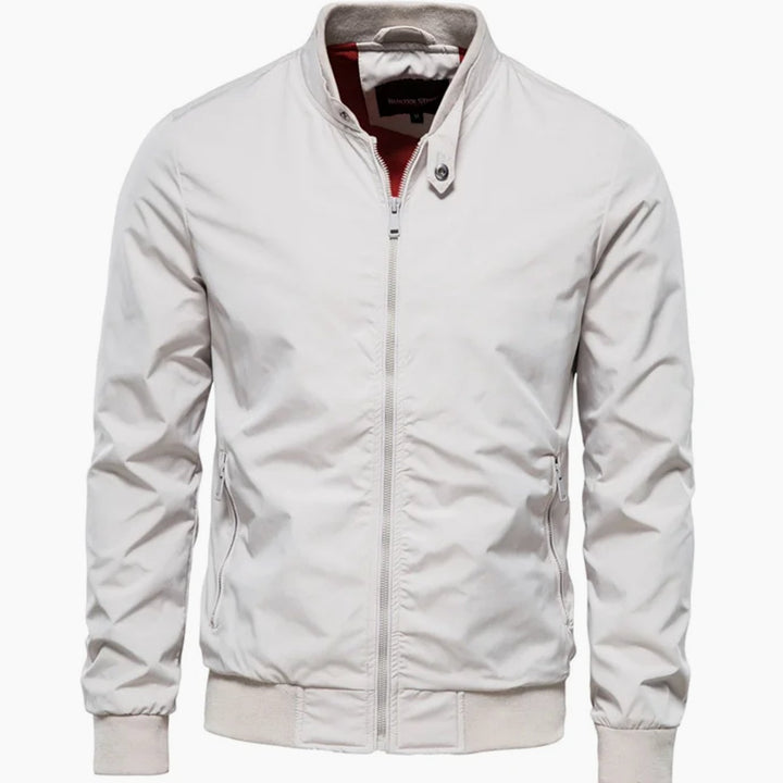 Men's Streetwear Full-Zip Bomber Jacket Stand Collar - White