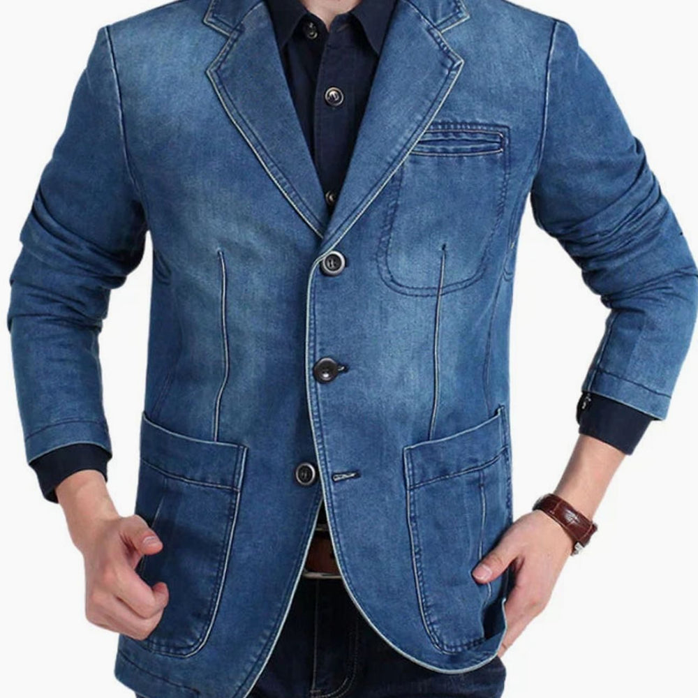 Men's Structured Notch-Lapel Three-Button Denim Blazer
