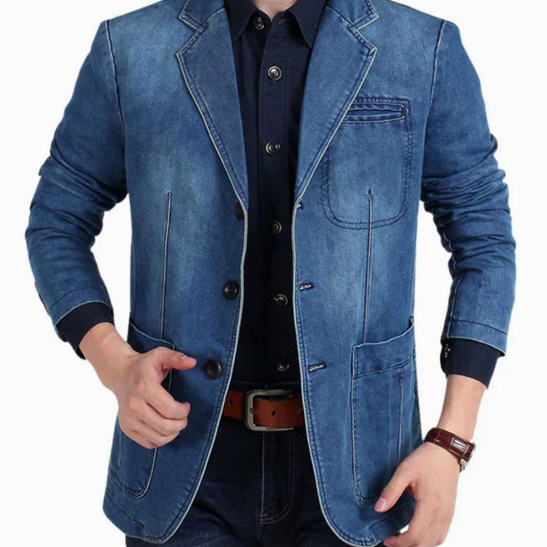 Men's Structured Notch-Lapel Three-Button Denim Blazer