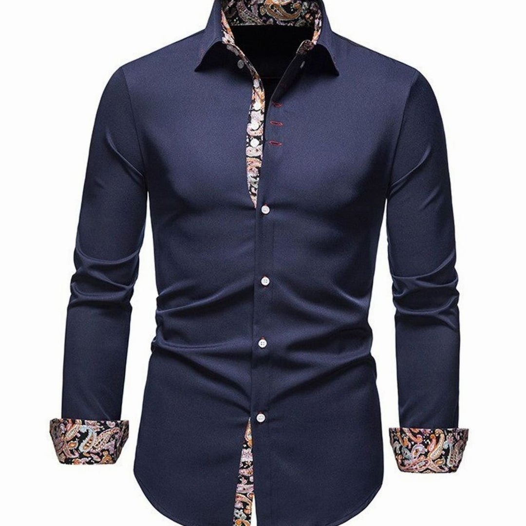 Men's Stylish Slim-Fit Button-Down Shirt Paisley Contrast Cuffs - Navy Blue