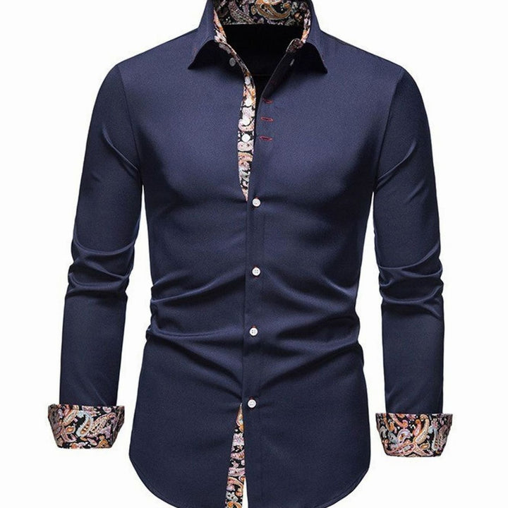 Men's Stylish Slim-Fit Button-Down Shirt Paisley Contrast Cuffs - Navy Blue