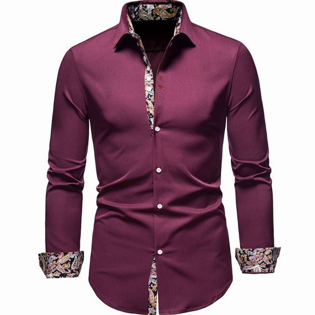 Men's Stylish Slim-Fit Button-Down Shirt Paisley Contrast Cuffs - Red
