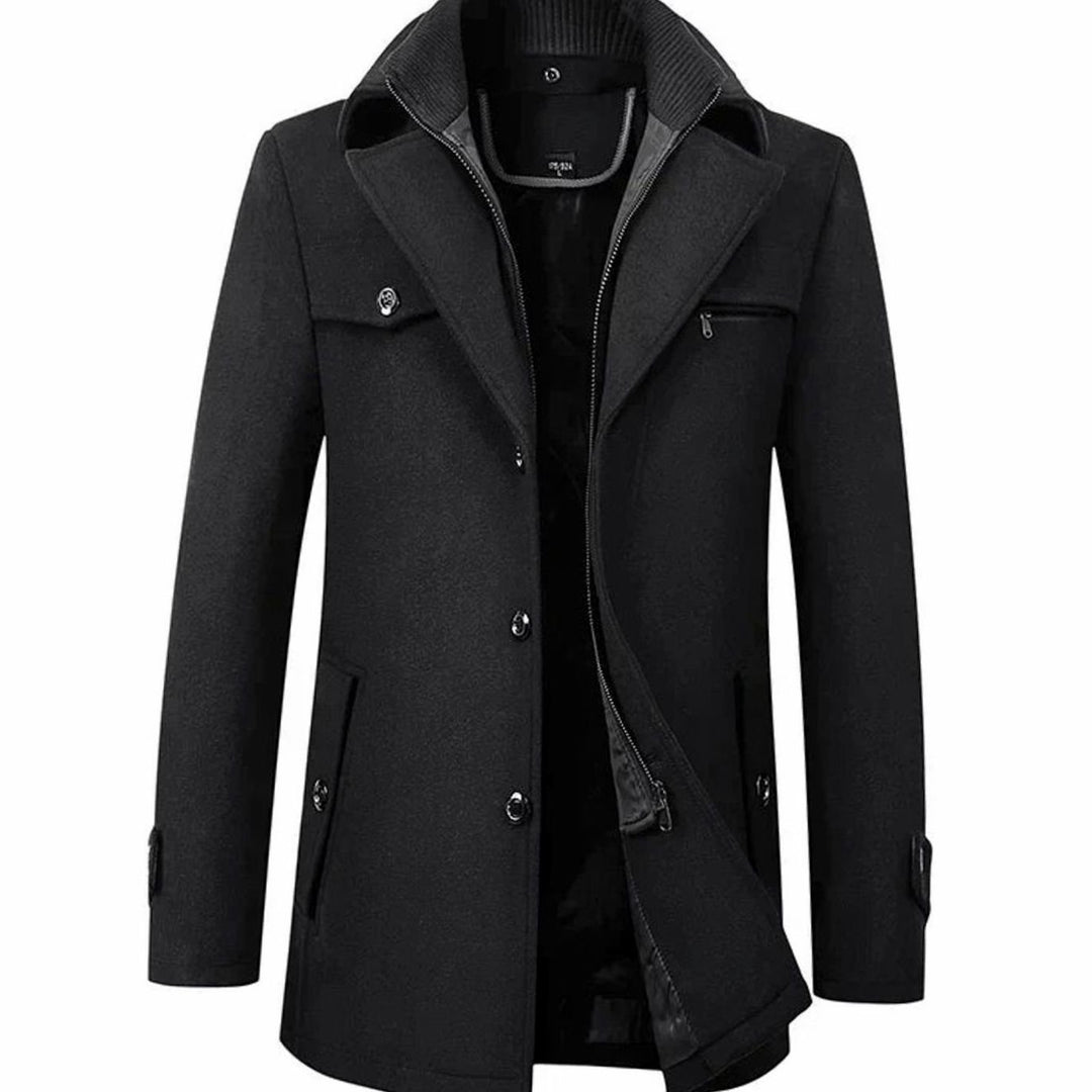 Men's Tailored Single-Breasted Button Overcoat Layered Collar - Black