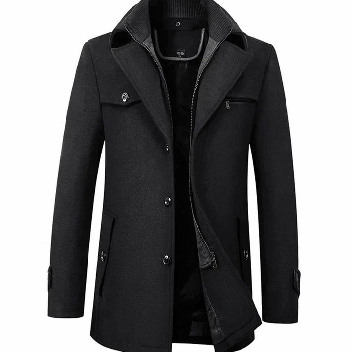 Men's Tailored Single-Breasted Button Overcoat Layered Collar - Black
