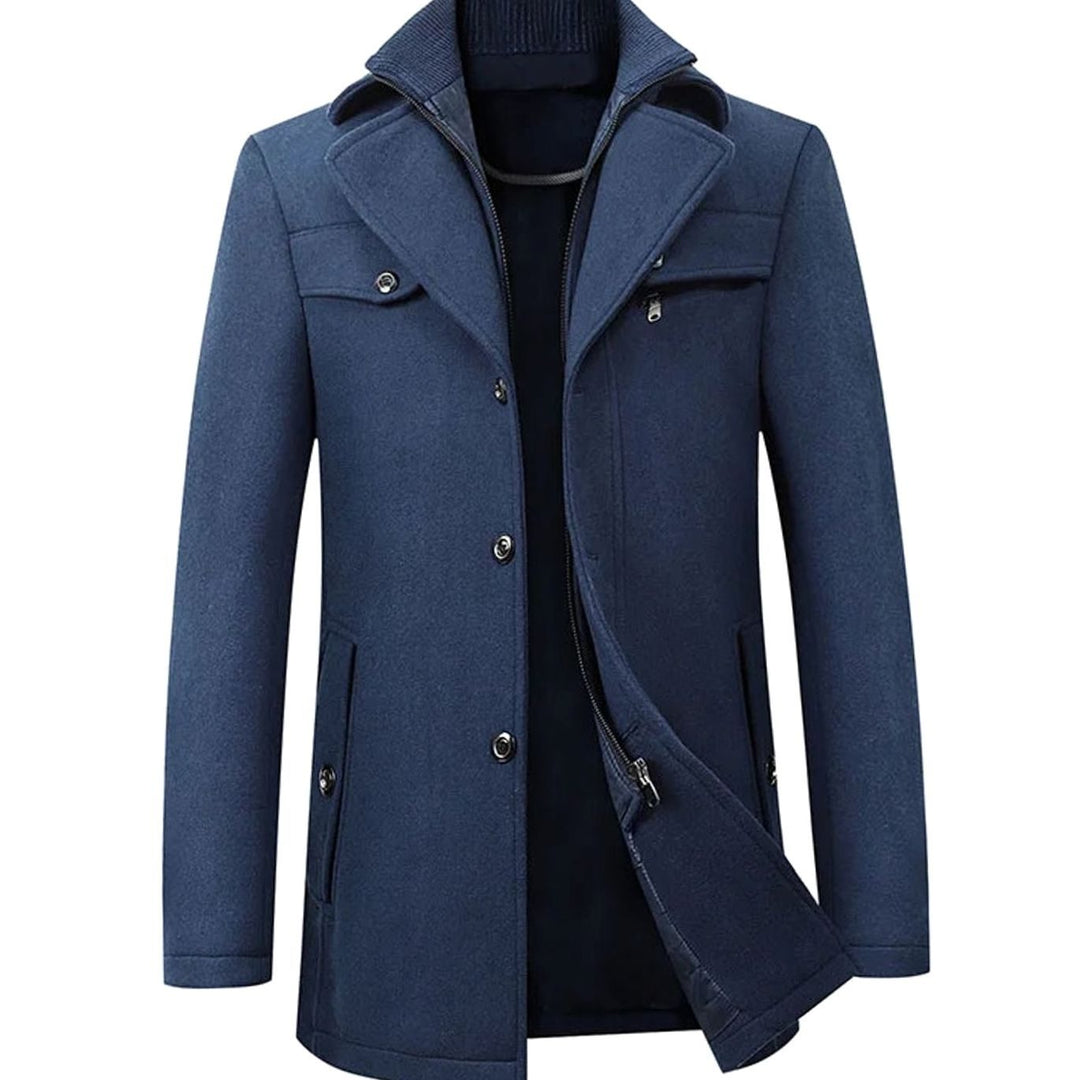 Men's Tailored Single-Breasted Button Overcoat Layered Collar - Navy Blue