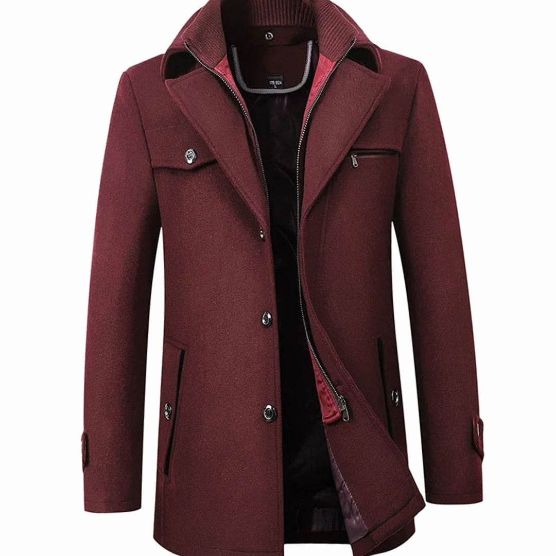 Men's Tailored Single-Breasted Button Overcoat Layered Collar - Burgundy