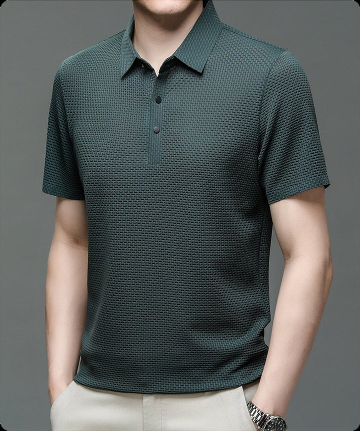 Men's Textured Mesh Button-Up Short-Sleeve Polo Shirt