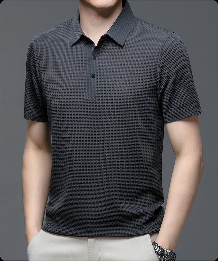 Men's Textured Mesh Button-Up Short-Sleeve Polo Shirt