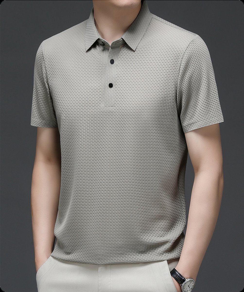 Men's Textured Mesh Button-Up Short-Sleeve Polo Shirt