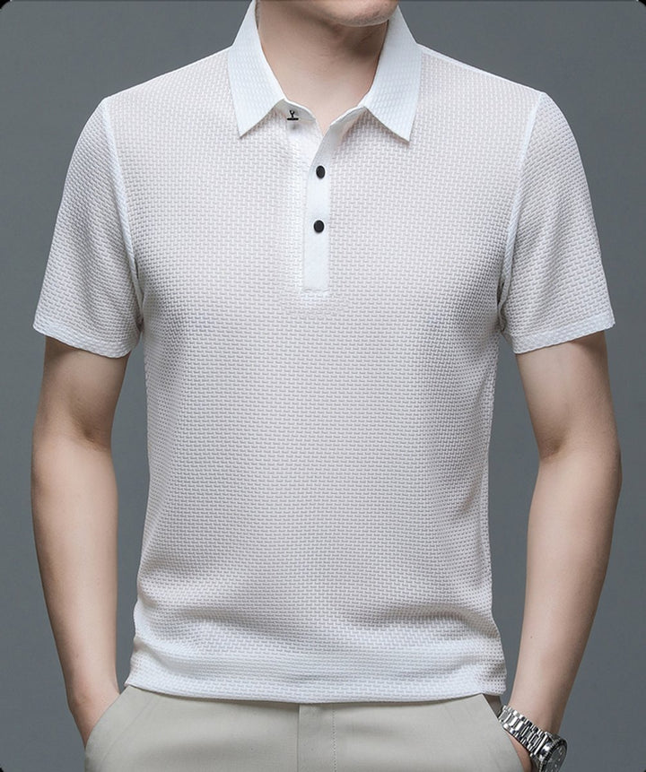 Men's Textured Mesh Button-Up Short-Sleeve Polo Shirt