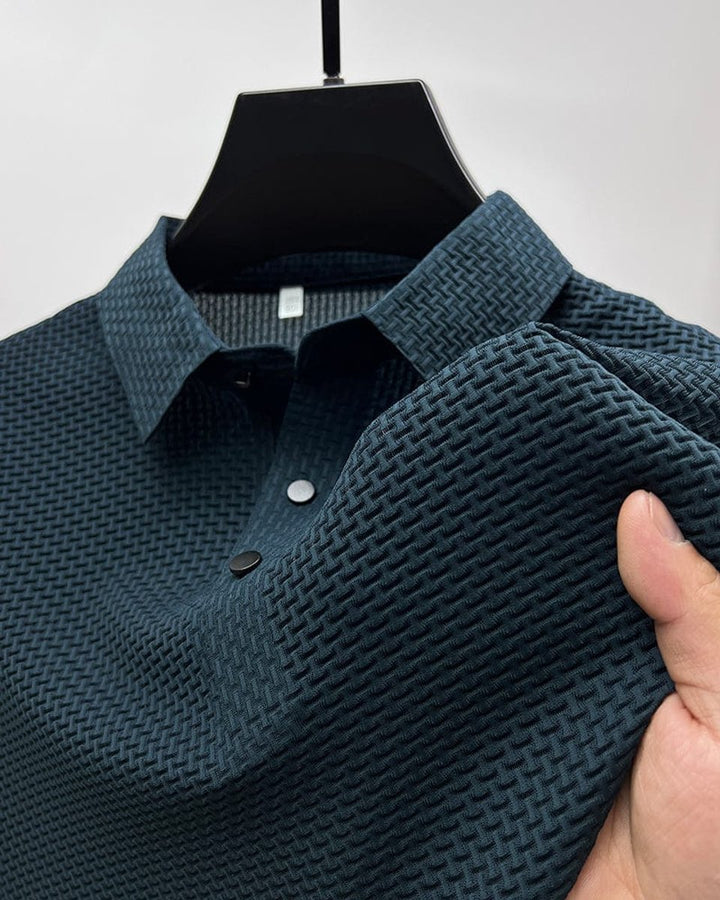 Men's Textured Mesh Button-Up Short-Sleeve Polo Shirt - Navy Blue