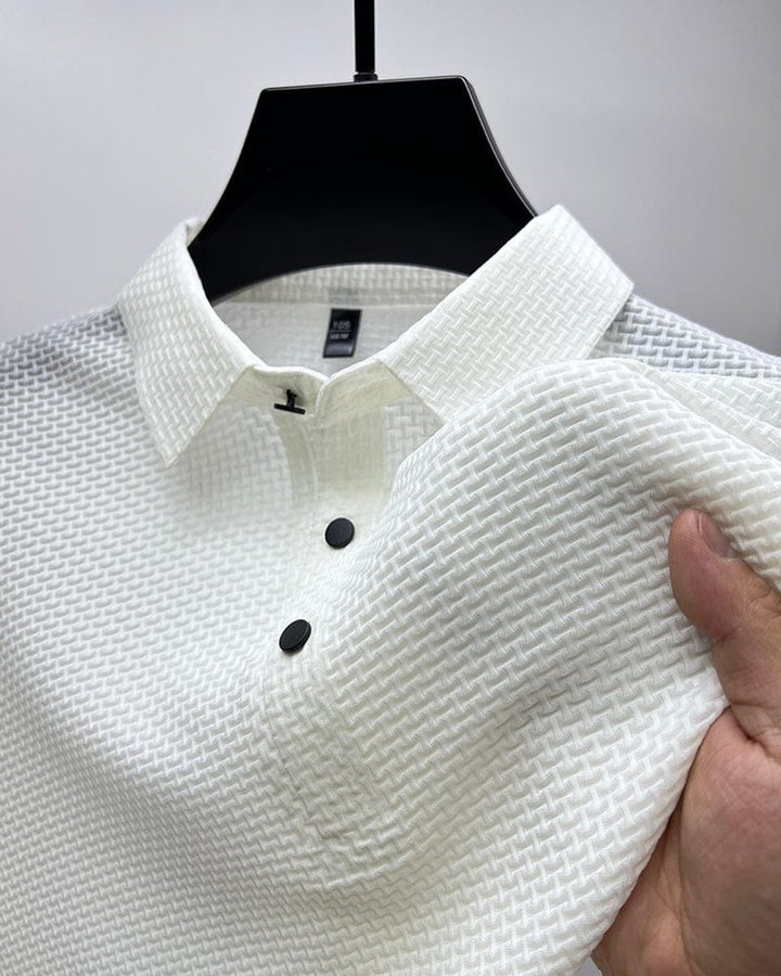 Men's Textured Mesh Button-Up Short-Sleeve Polo Shirt - White