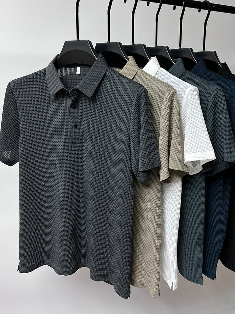 Men's Textured Mesh Button-Up Short-Sleeve Polo Shirt