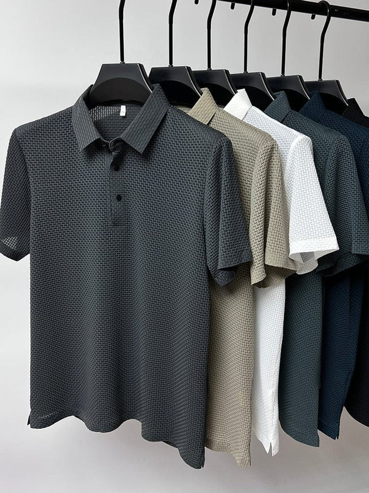 Men's Textured Mesh Button-Up Short-Sleeve Polo Shirt