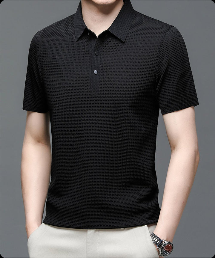 Men's Textured Mesh Button-Up Short-Sleeve Polo Shirt