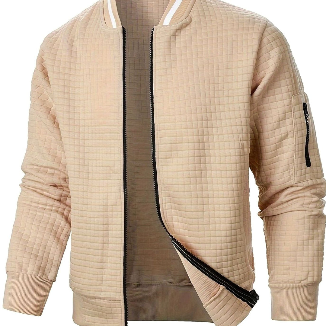 Men's Textured Zip-Up Ribbed Bomber Jacket - Khaki