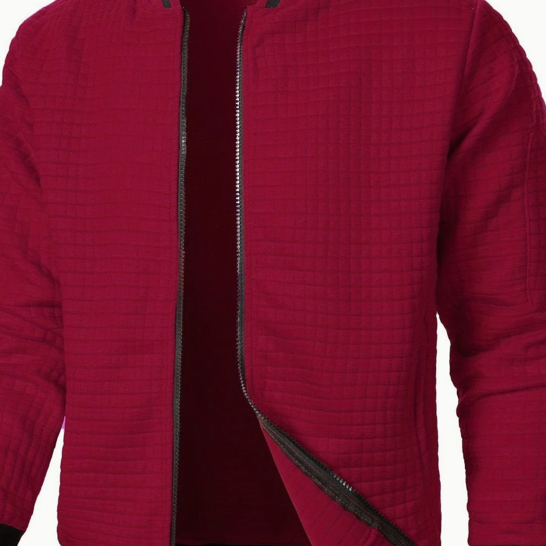 Men's Textured Zip-Up Ribbed Bomber Jacket - Burgundy