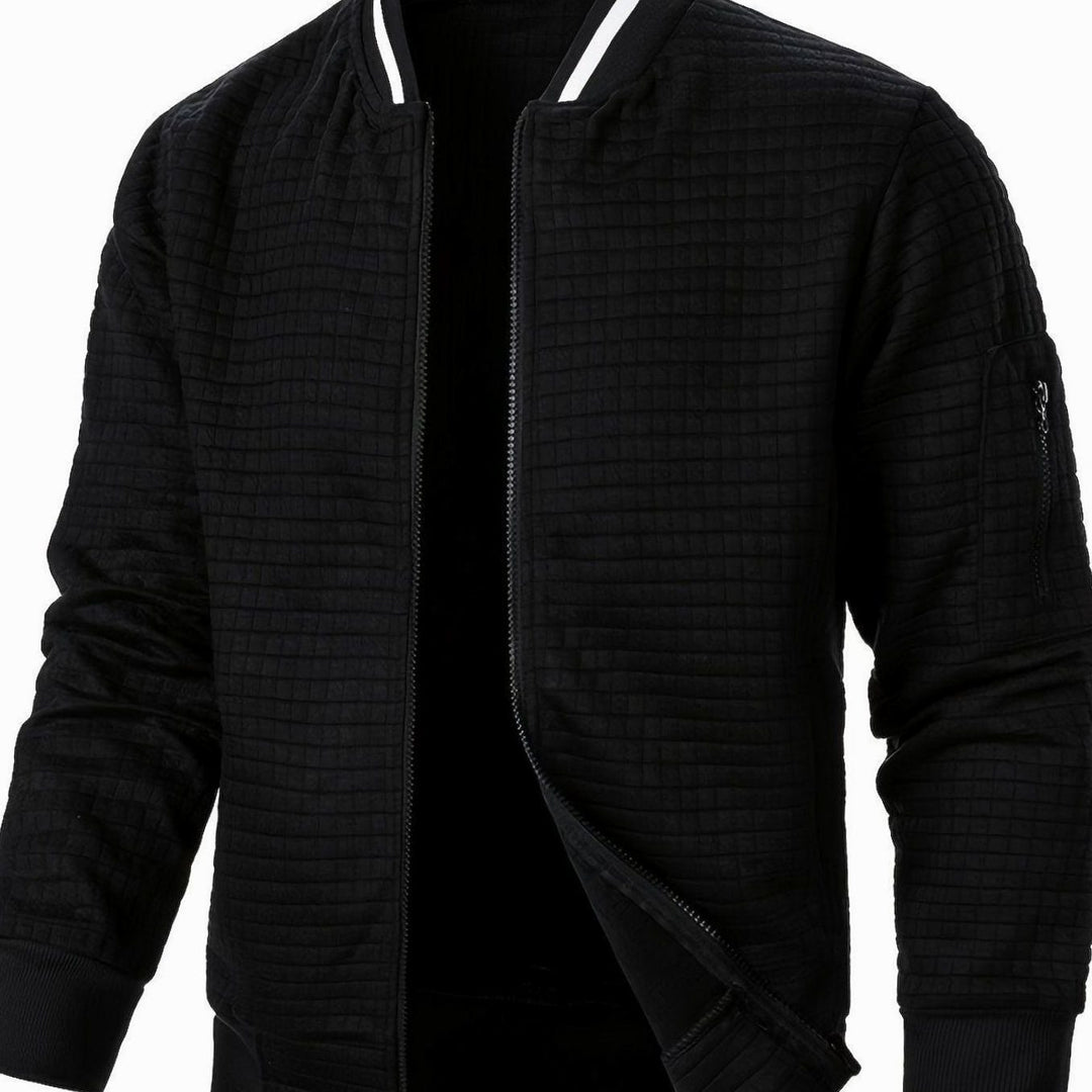 Men's Textured Zip-Up Ribbed Bomber Jacket - Black