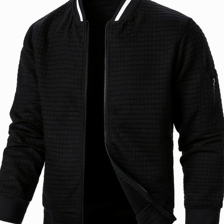 Men's Textured Zip-Up Ribbed Bomber Jacket - Black