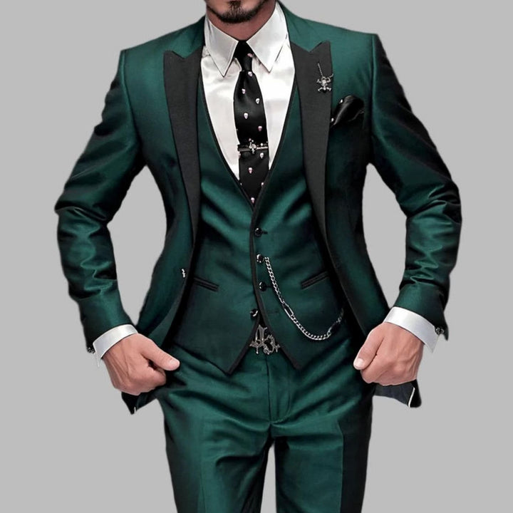 Men's Three-Piece Contrast-Lapel Slim-Fit Wedding Suit Set - Dark Green