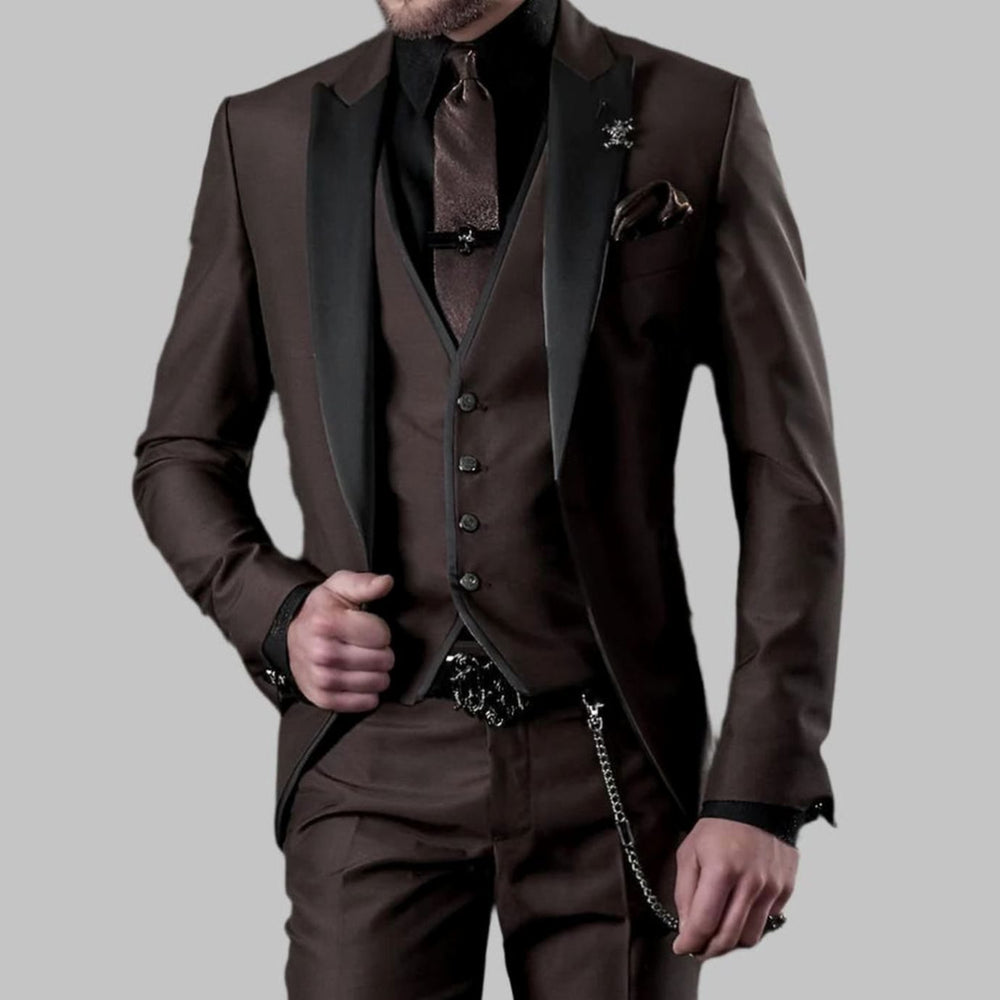 Men's Three-Piece Contrast-Lapel Slim-Fit Wedding Suit Set - Coffee