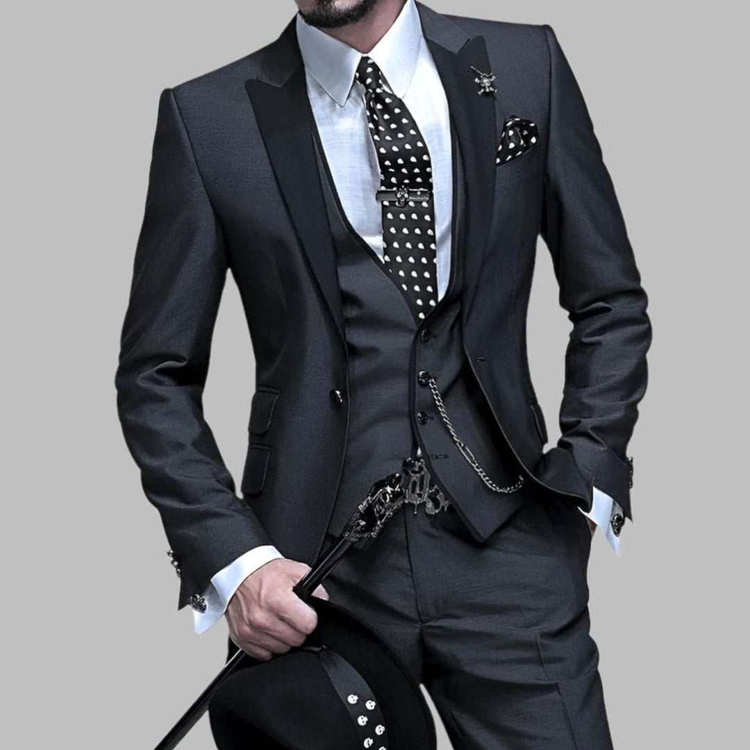 Men's Three-Piece Contrast-Lapel Slim-Fit Wedding Suit Set - Black
