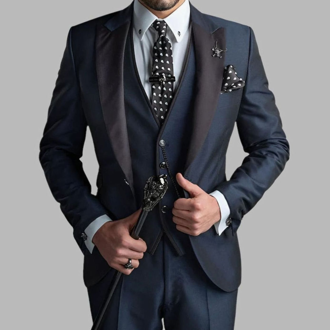 Men's Three-Piece Contrast-Lapel Slim-Fit Wedding Suit Set - Navy Blue