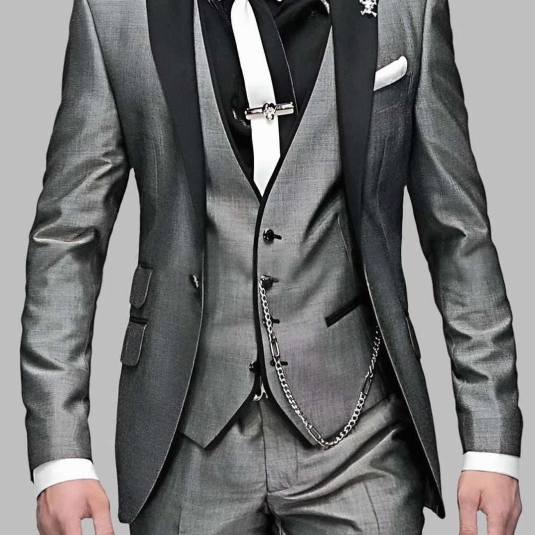 Men's Three-Piece Contrast-Lapel Slim-Fit Wedding Suit Set - Grey