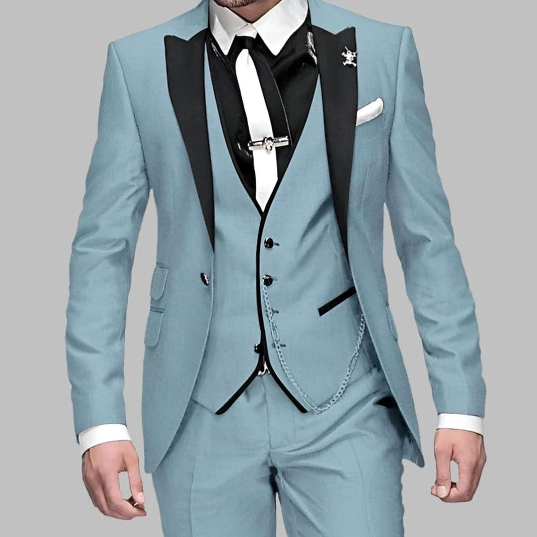 Men's Three-Piece Contrast-Lapel Slim-Fit Wedding Suit Set - Light Blue